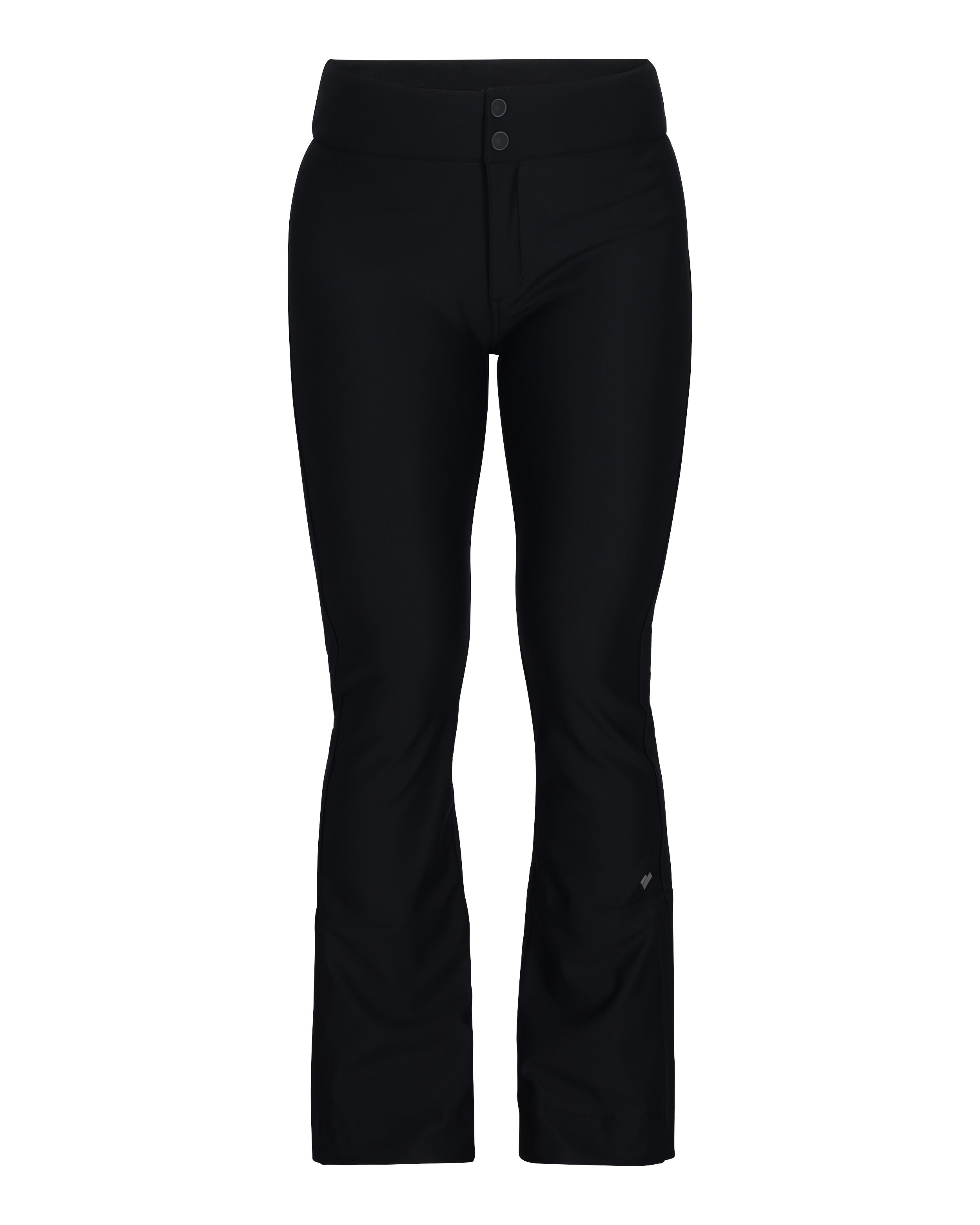 Black women's softshell ski pants, full front view with button closure