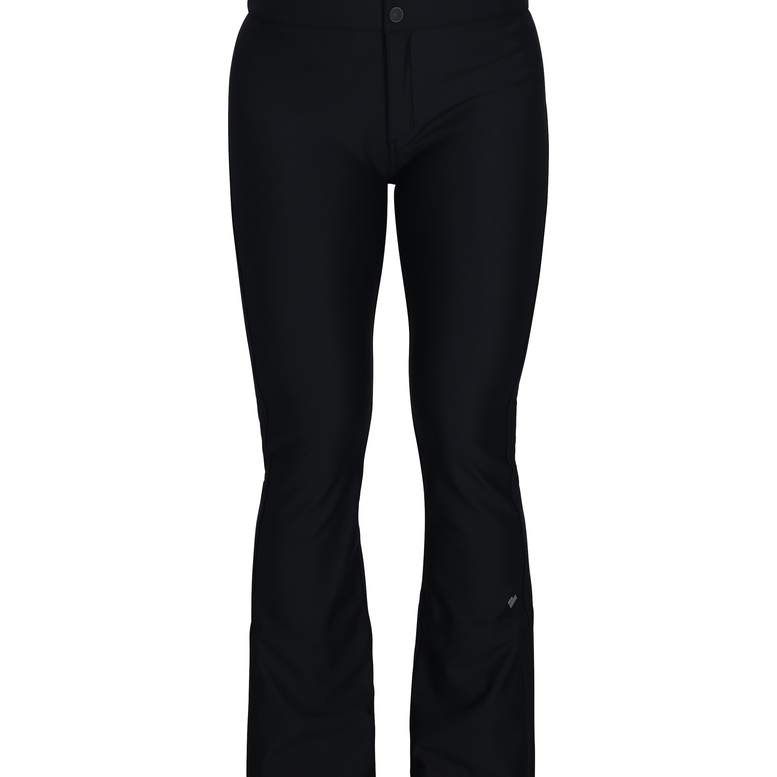 Black softshell pants, front view, snap-button waistband and wide leg opening