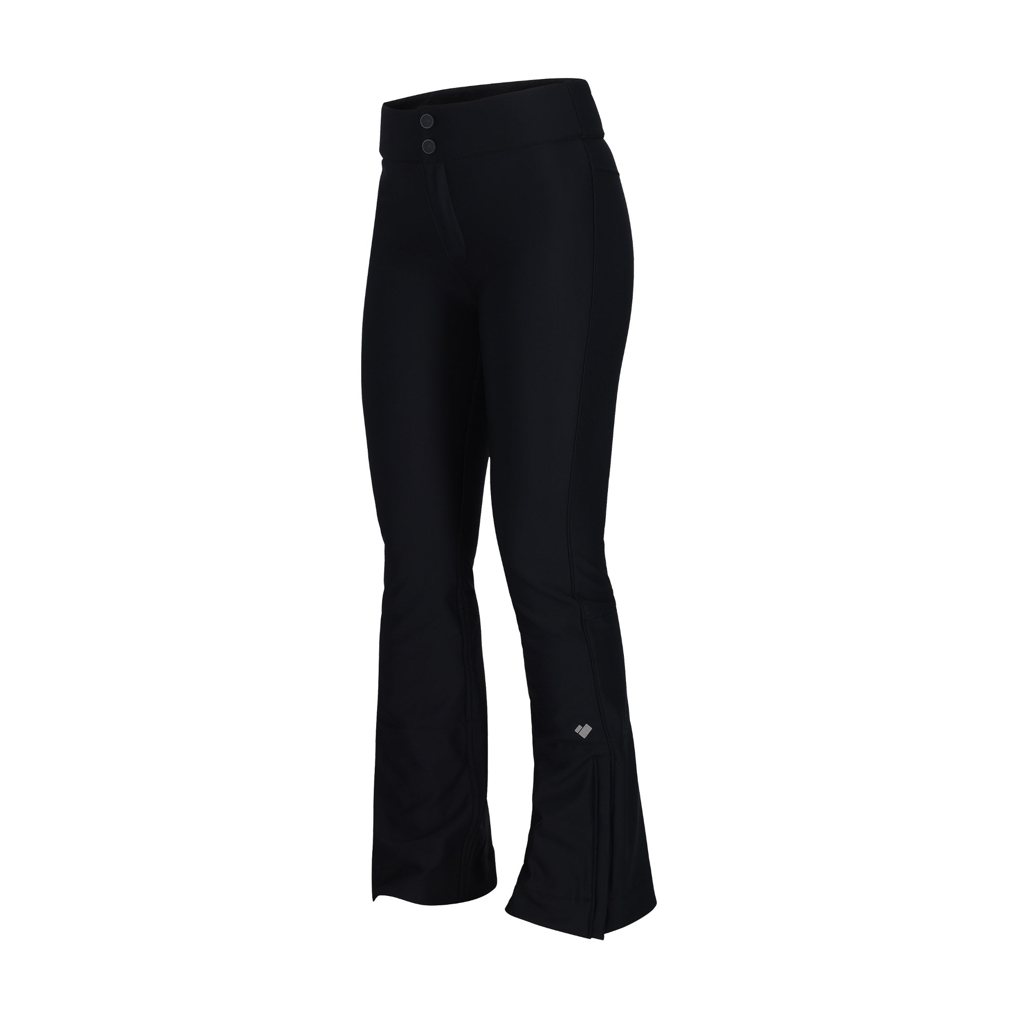 Obermeyer Women's Bond Softshell Pant 2025 - Black softshell pants with two black buttons on the waistband.