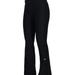 Black women's softshell ski pants, side view with small logo at lower leg