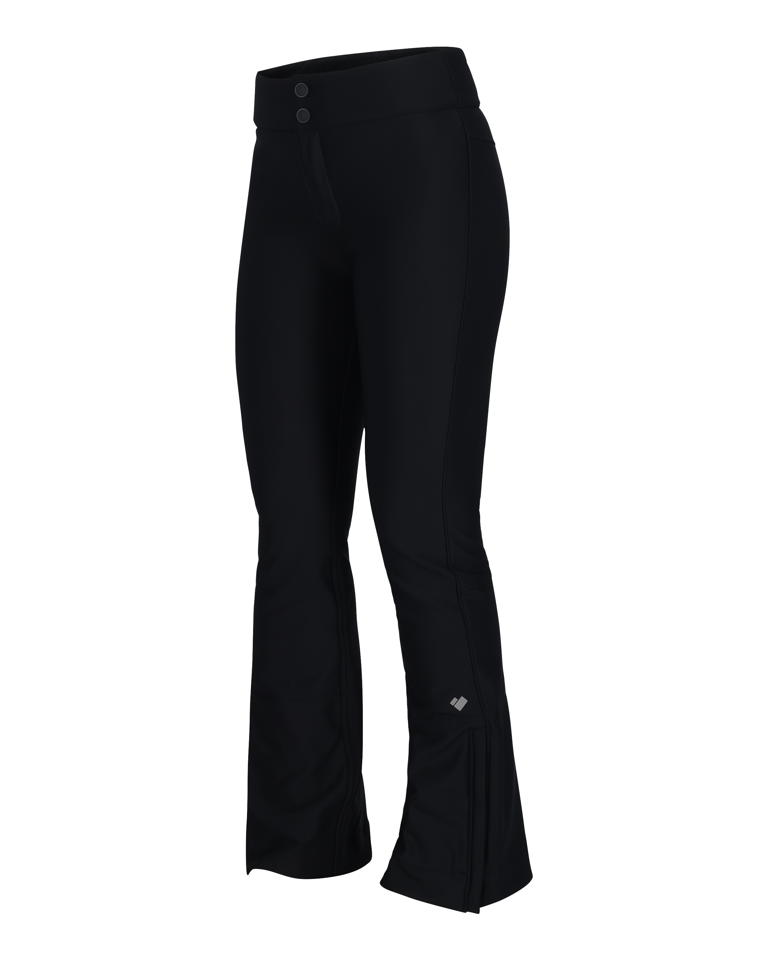 Black women's softshell ski pants, side view with small logo at lower leg