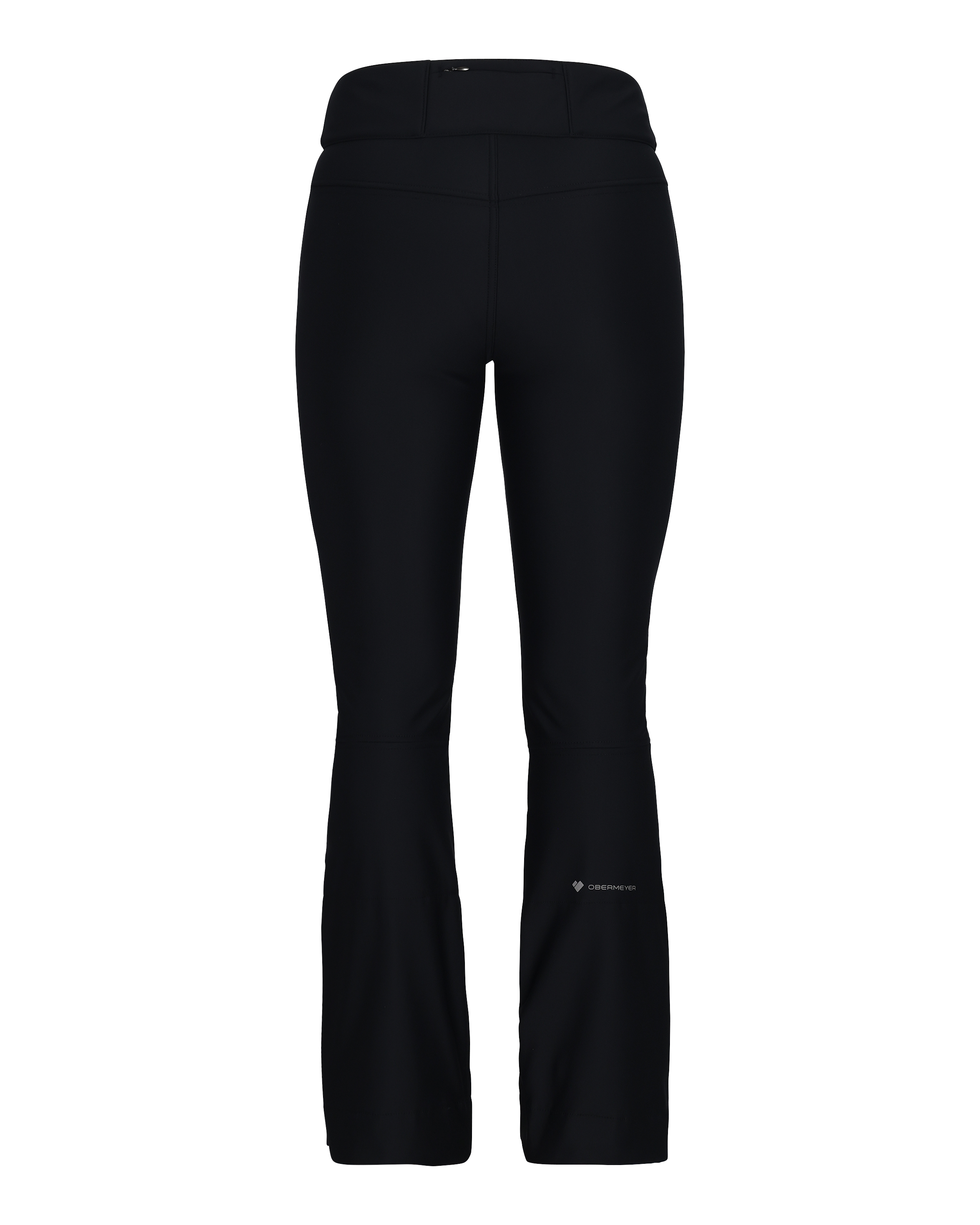 Black softshell ski pants back view with center seam and small logo