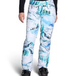 Women’s insulated ski pants, white with teal/black scenic print, full length