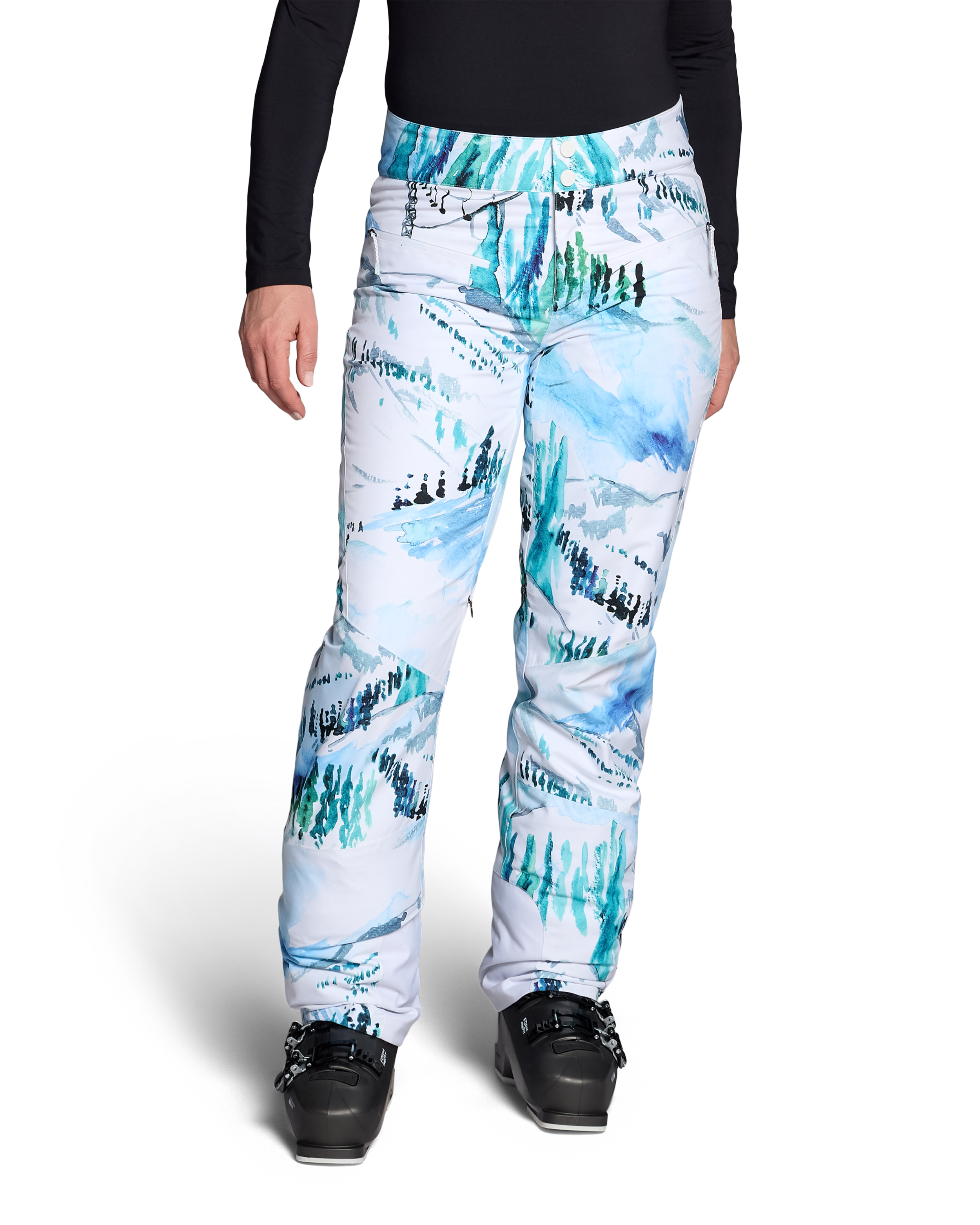 Women’s insulated ski pants, white with teal/black scenic print, full length