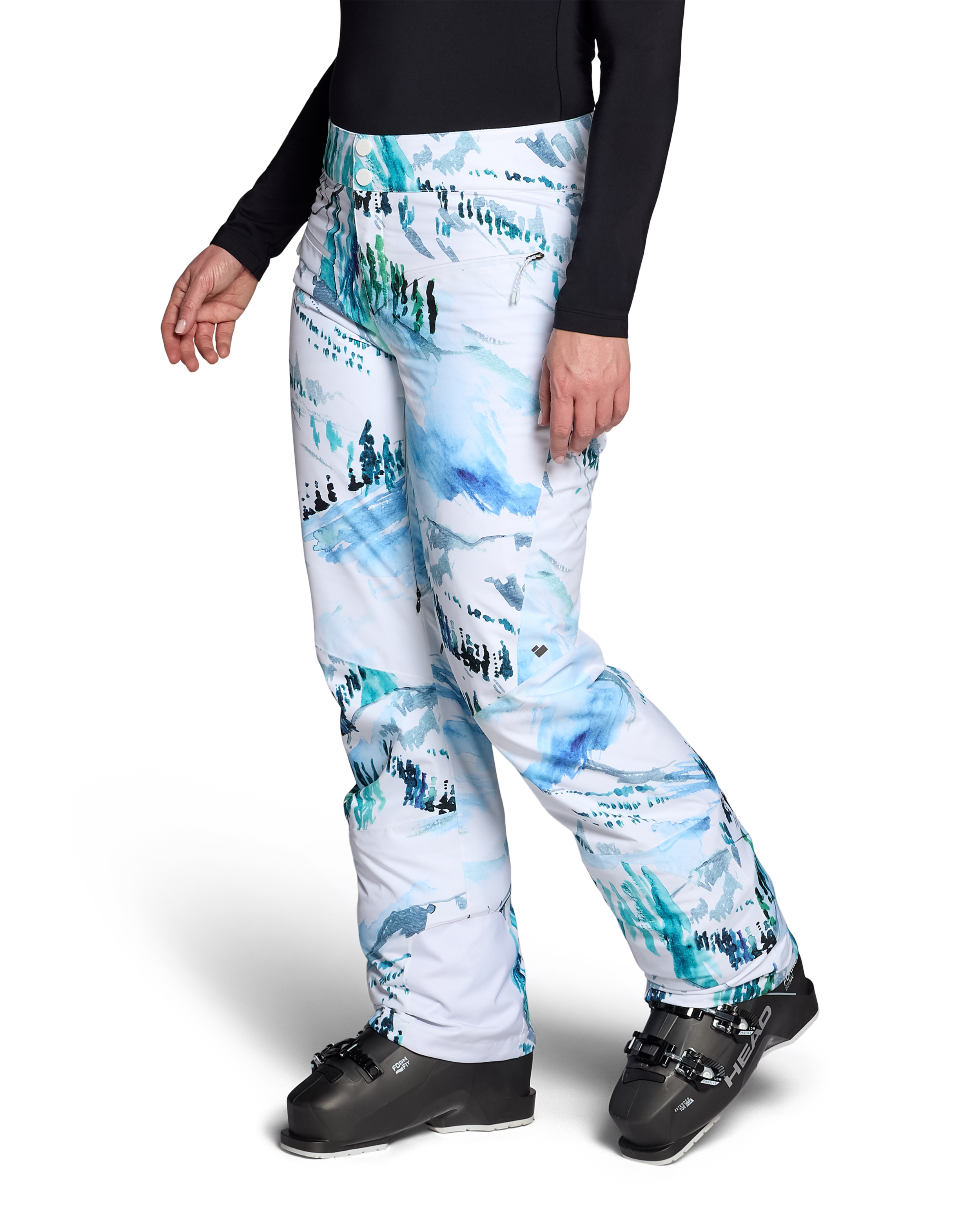 Women’s insulated ski pants, white with teal and dark print, side view