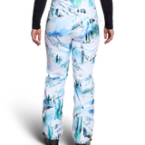 Women’s insulated ski pants, white with teal landscape print, front view