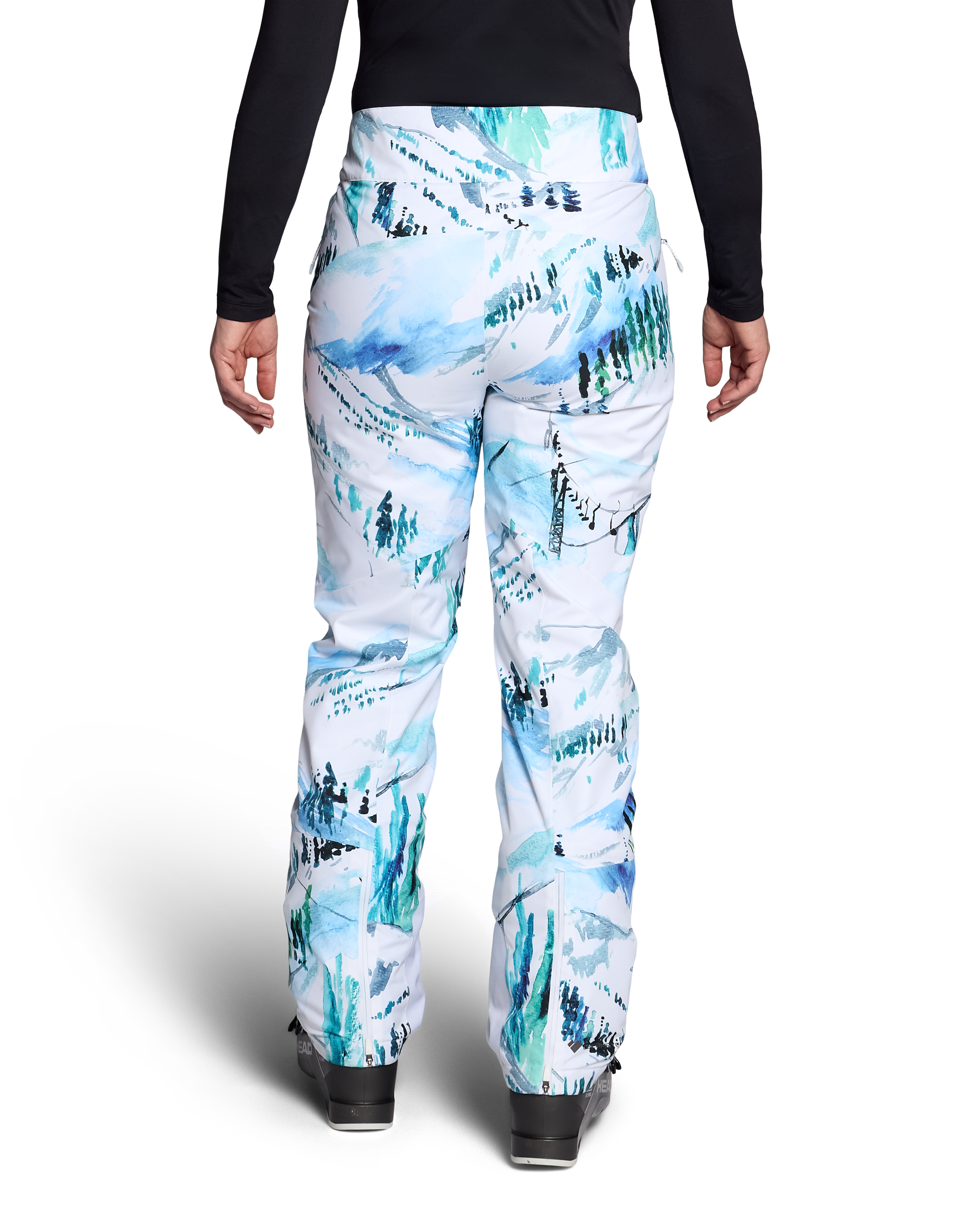 Women’s insulated ski pants, white with teal landscape print, front view