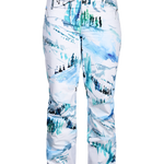 Women’s insulated ski pants, white with teal and dark scenic print, close-up front
