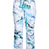 Women’s insulated ski pants, white with teal and dark scenic print, close-up front