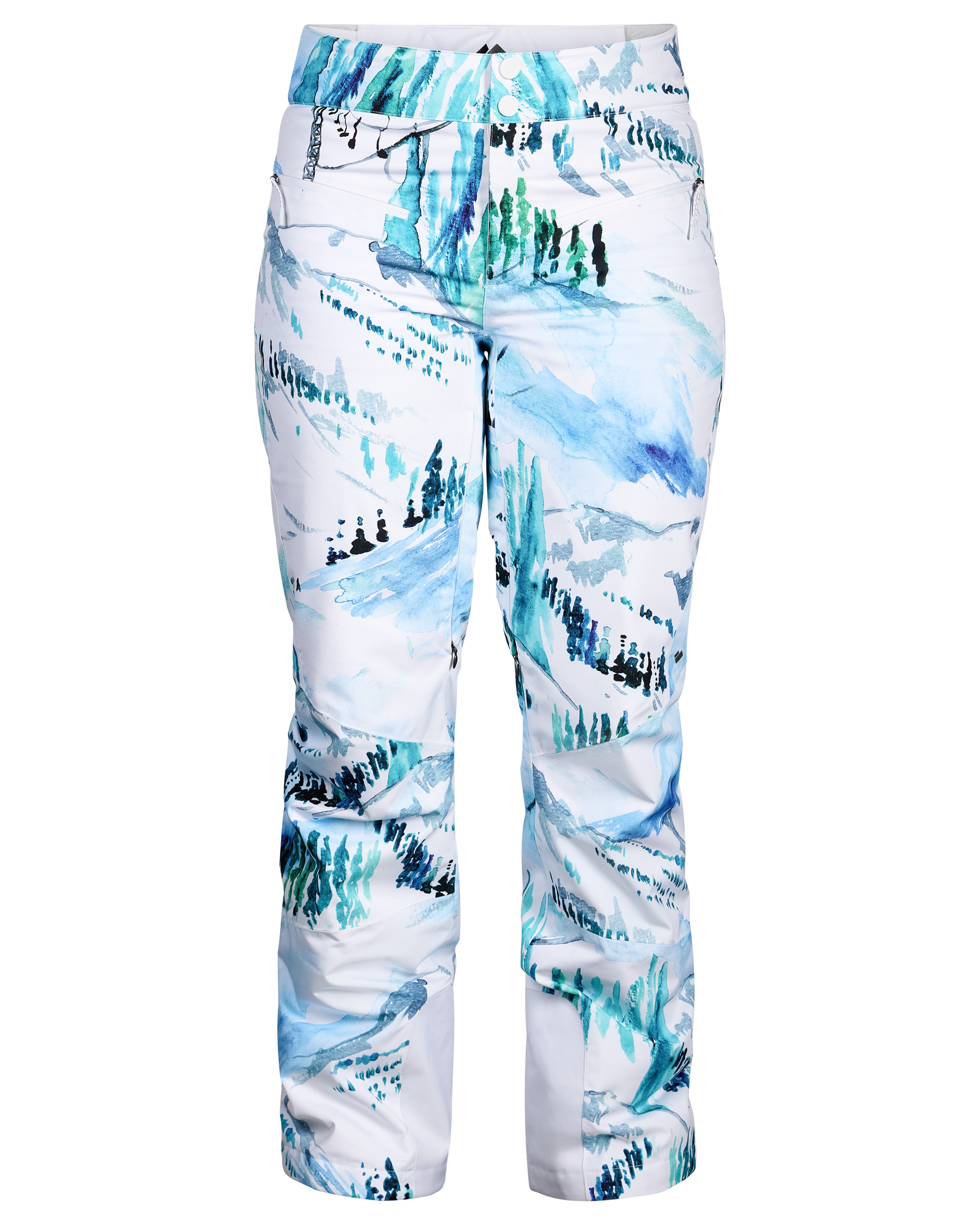 Women’s insulated ski pants, white with teal and dark scenic print, close-up front