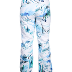 Women’s insulated ski pants, white with teal/black watercolor landscape print, full view