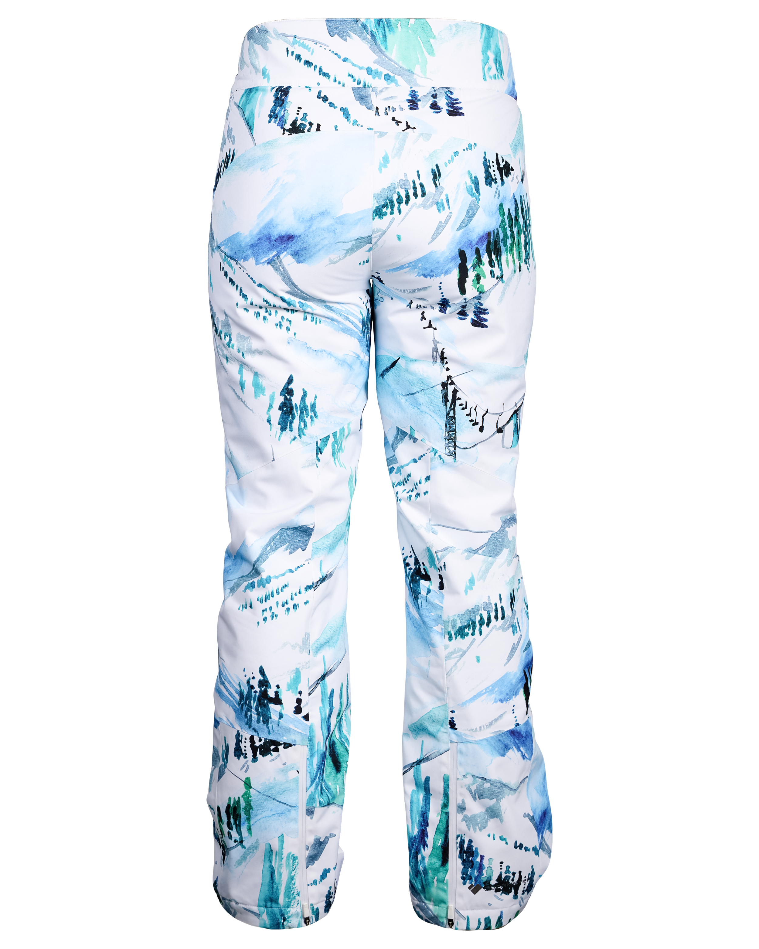 Women’s insulated ski pants, white with teal/black watercolor landscape print, full view