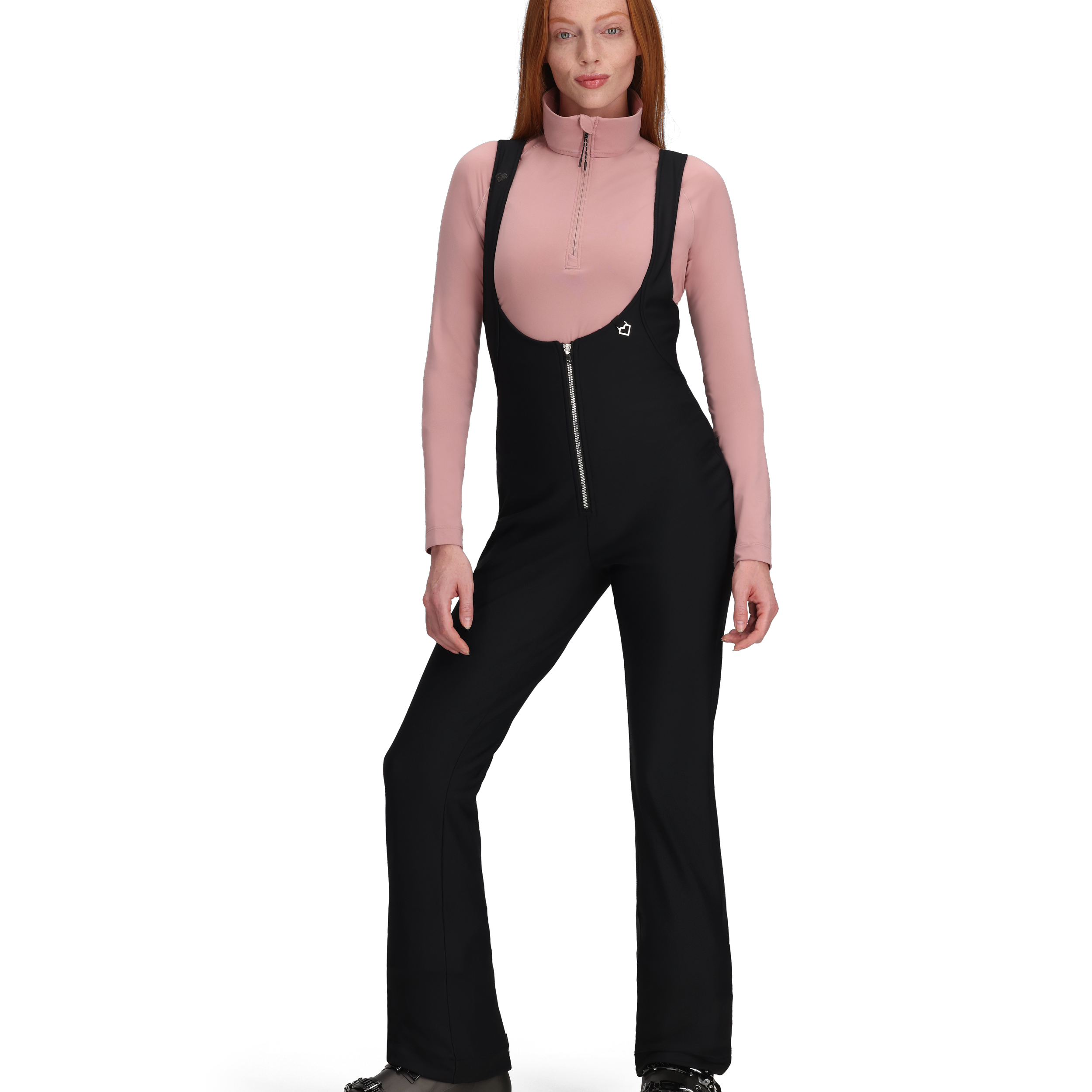Women’s black softshell bib pants, front view with suspended straps and zip front