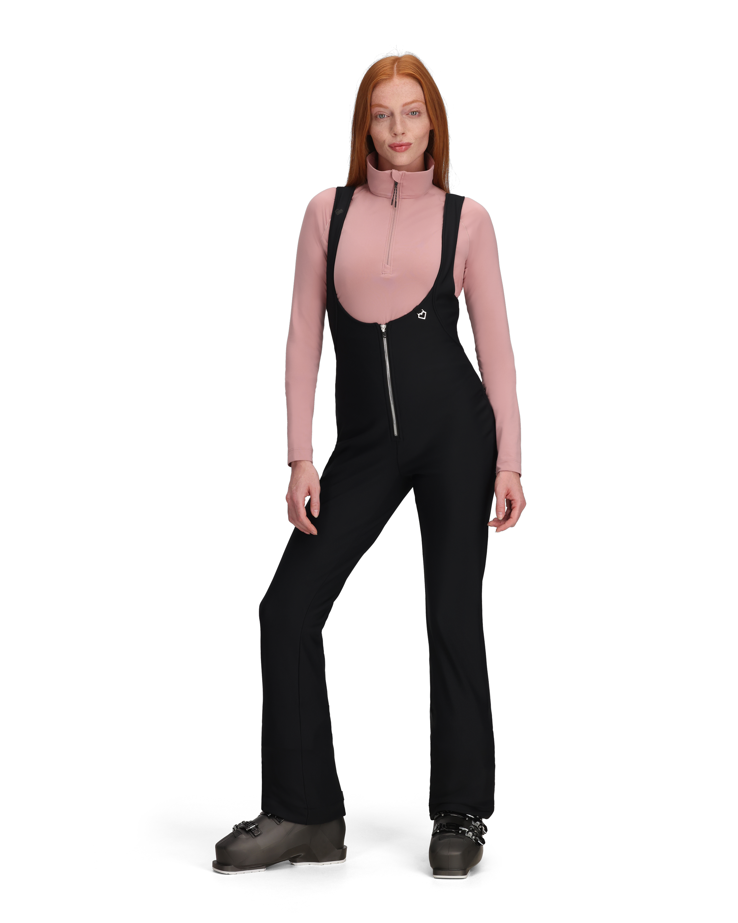 Women’s black softshell bib pants, front view with suspended straps and zip front