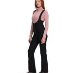 Women’s black softshell bib pants with adjustable shoulder straps and zip fly