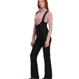 Women’s black softshell bib pants with adjustable shoulder straps and zip fly