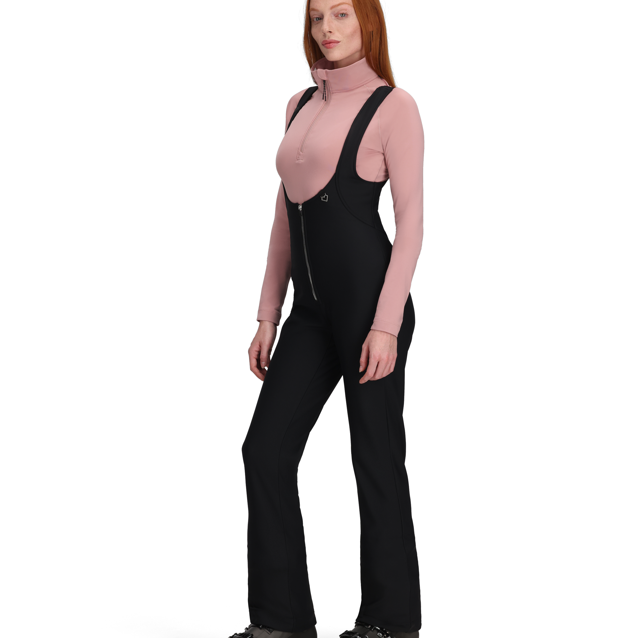 Women’s black softshell bib pants with adjustable shoulder straps and zip fly