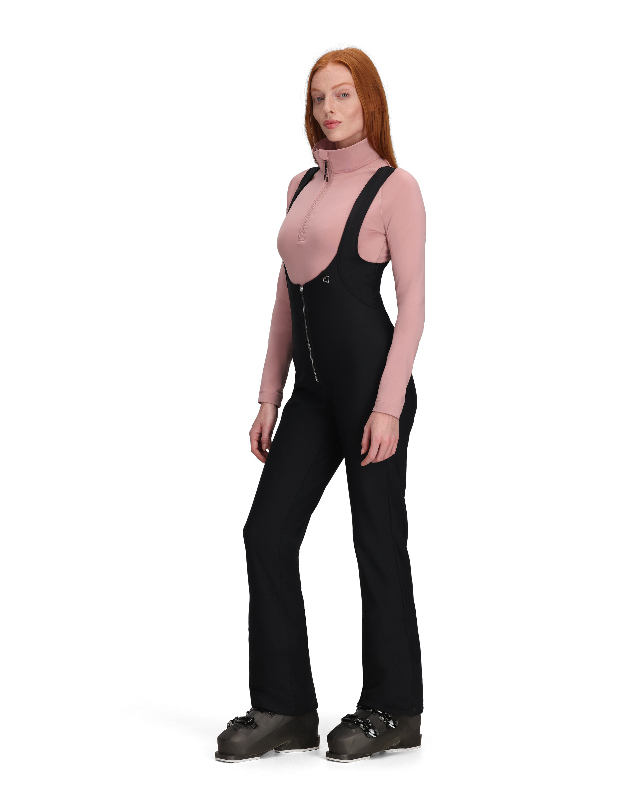 Women’s black softshell bib pants with adjustable shoulder straps and zip fly