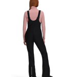 Women’s black softshell bib pants, back view with adjustable suspenders