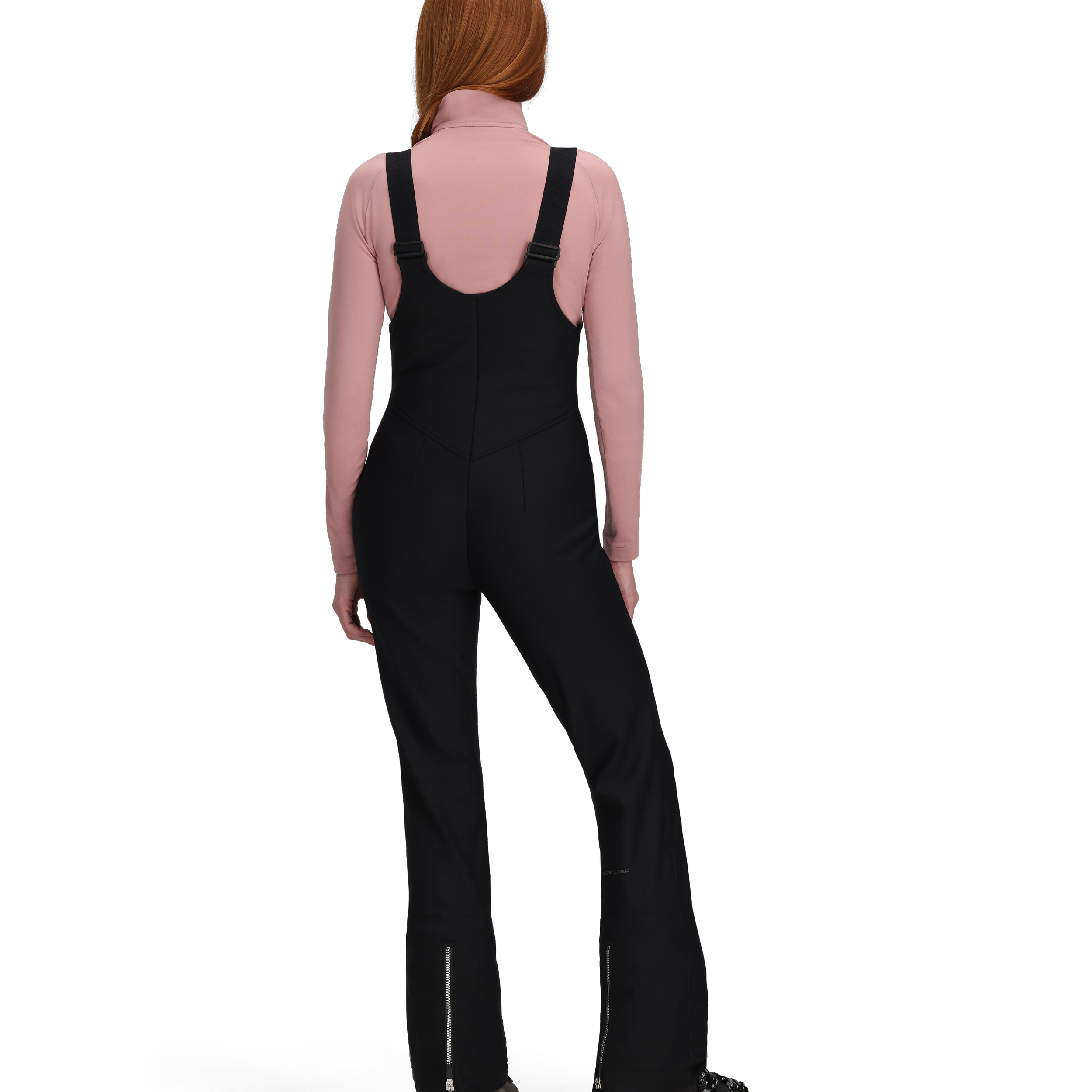 Women’s black softshell bib pants, back view with adjustable suspenders