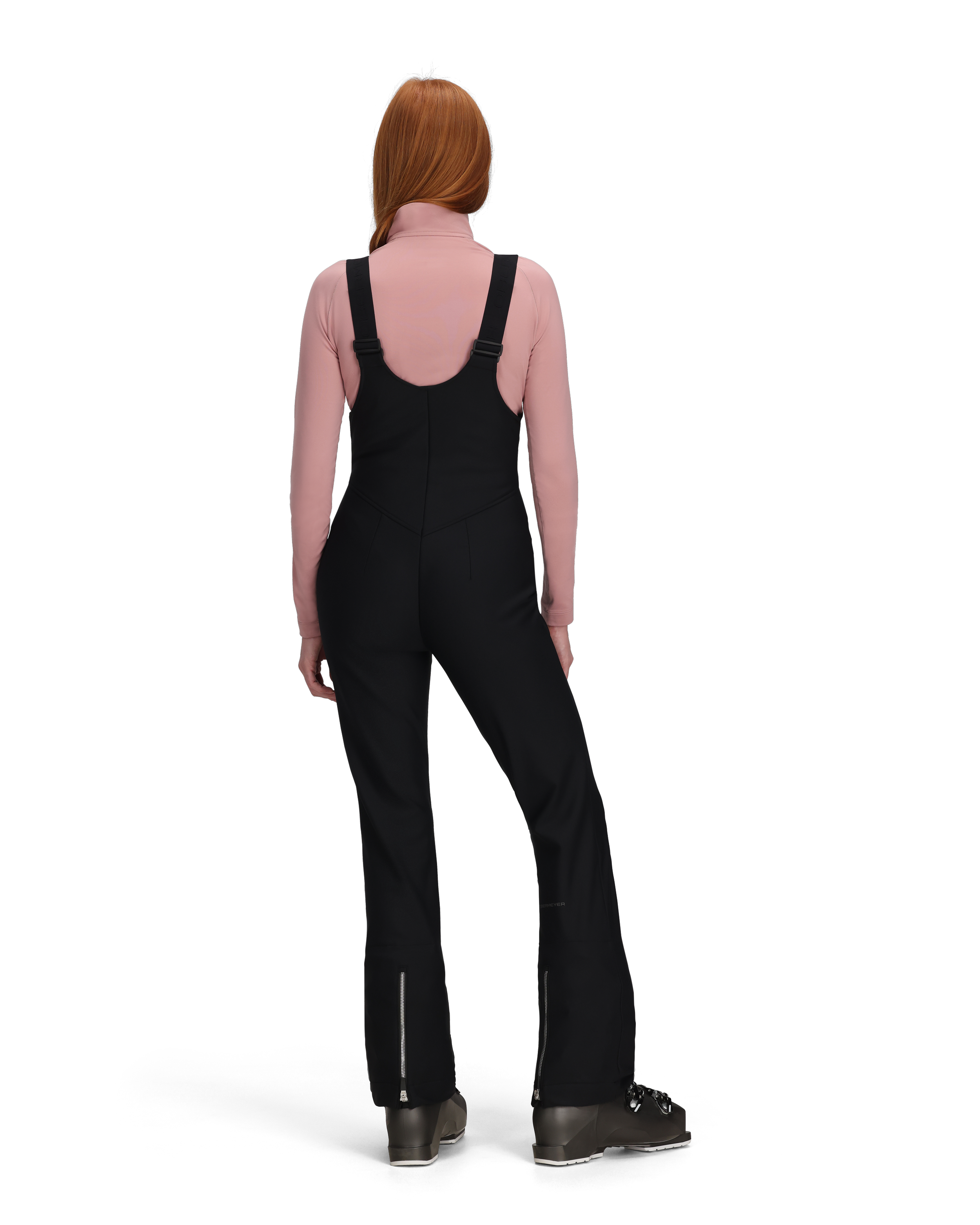 Women’s black softshell bib pants, back view with adjustable suspenders