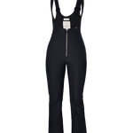 Black softshell bib pants for women with front zipper and long, flared legs