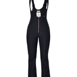 Black softshell bib pants for women with front zipper and long, flared legs