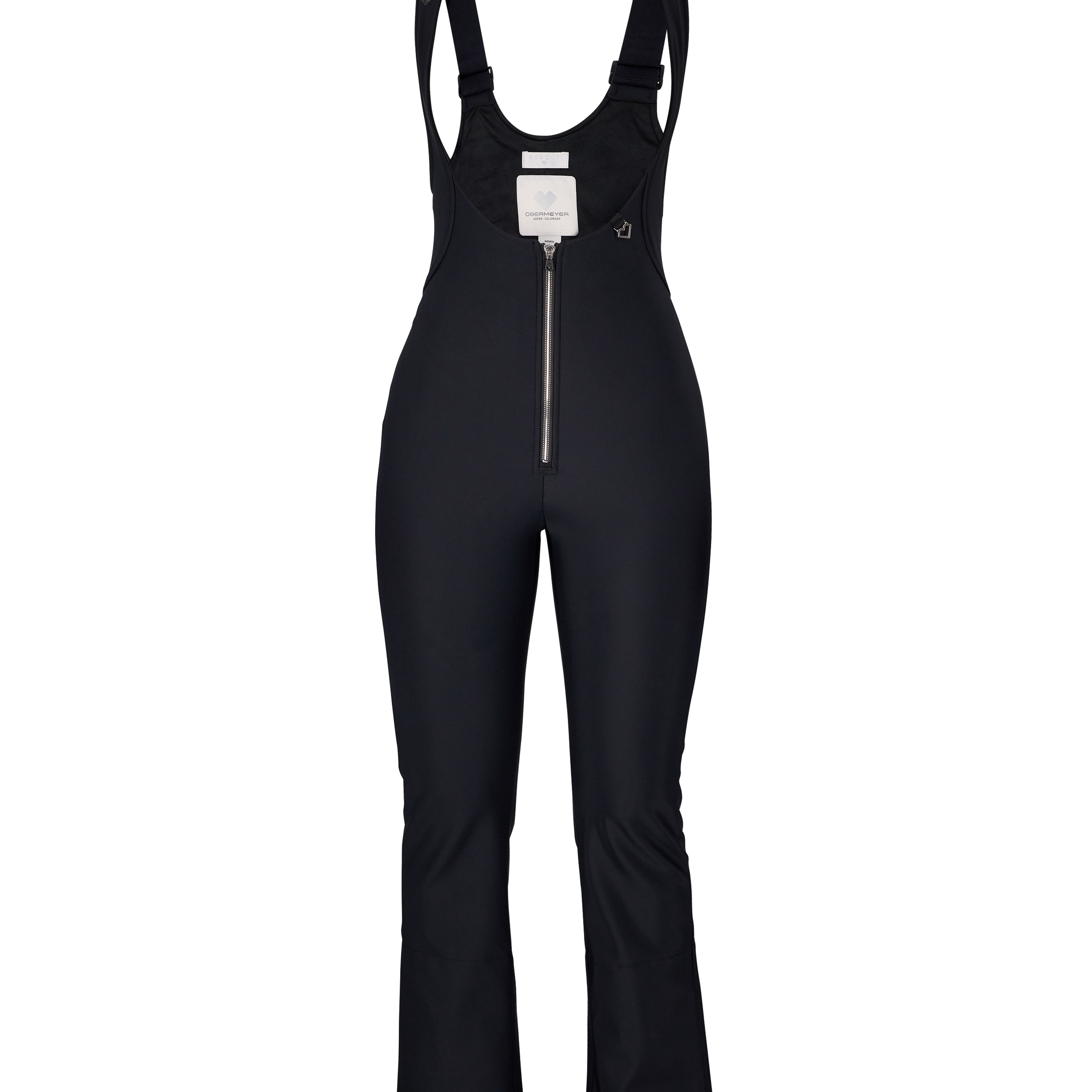 Black softshell bib pants for women with front zipper and long, flared legs