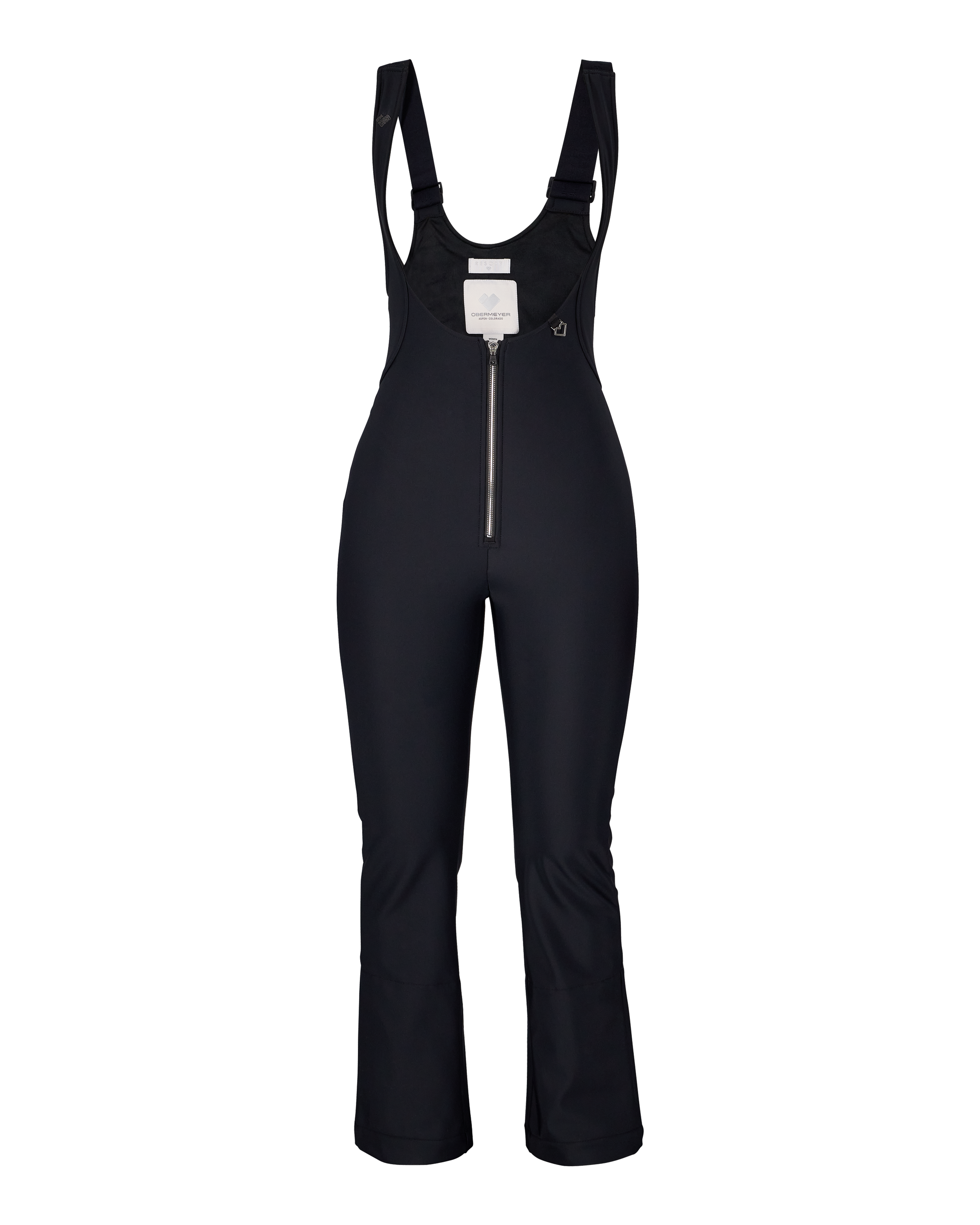 Black softshell bib pants for women with front zipper and long, flared legs