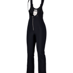 Black women’s softshell bib pants in three-quarter view with zip front