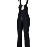 Black women’s softshell bib pants in three-quarter view with zip front
