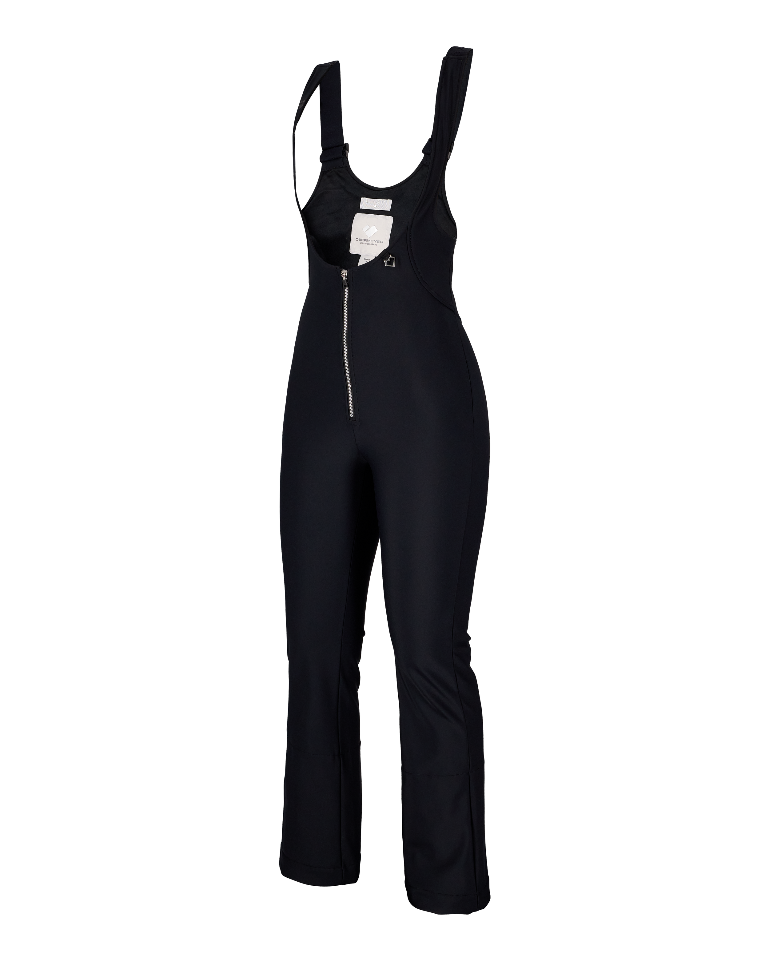 Black women’s softshell bib pants in three-quarter view with zip front