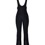 Black women’s softshell bib pants front view with V-shaped yoke