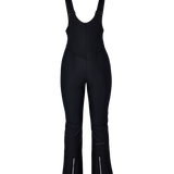 Black women’s softshell bib pants front view with V-shaped yoke