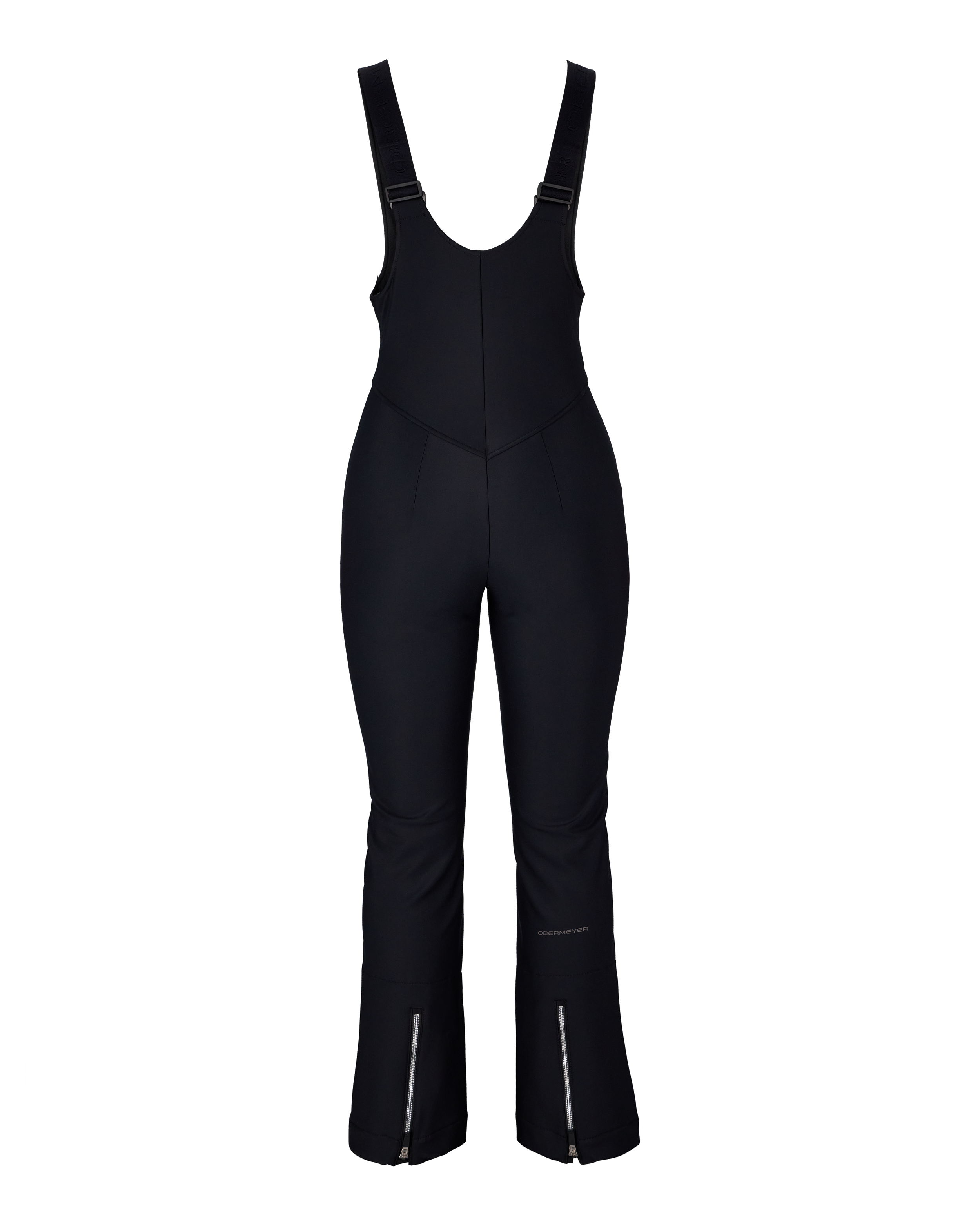 Black women’s softshell bib pants front view with V-shaped yoke