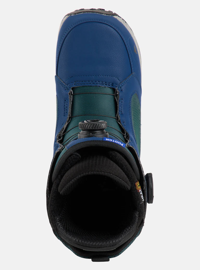 Burton Photon Boa Snowboard Boot 2025 - A blue snowboard boot with a black BOA dial on top and a black strap that wraps around the ankle.