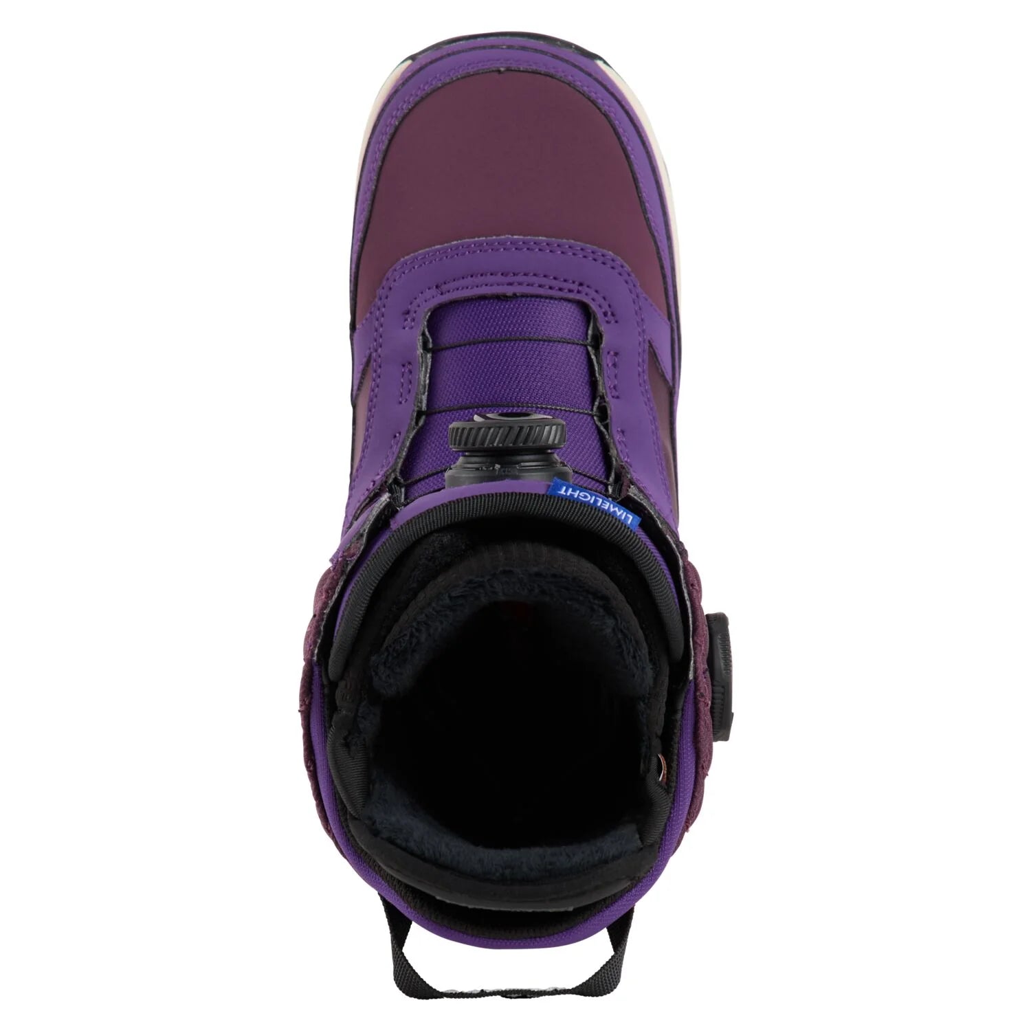 Burton Women's Limelight Boa Snowboard Boot 2025 - A purple snowboard boot with a black strap and a blue logo on the side.