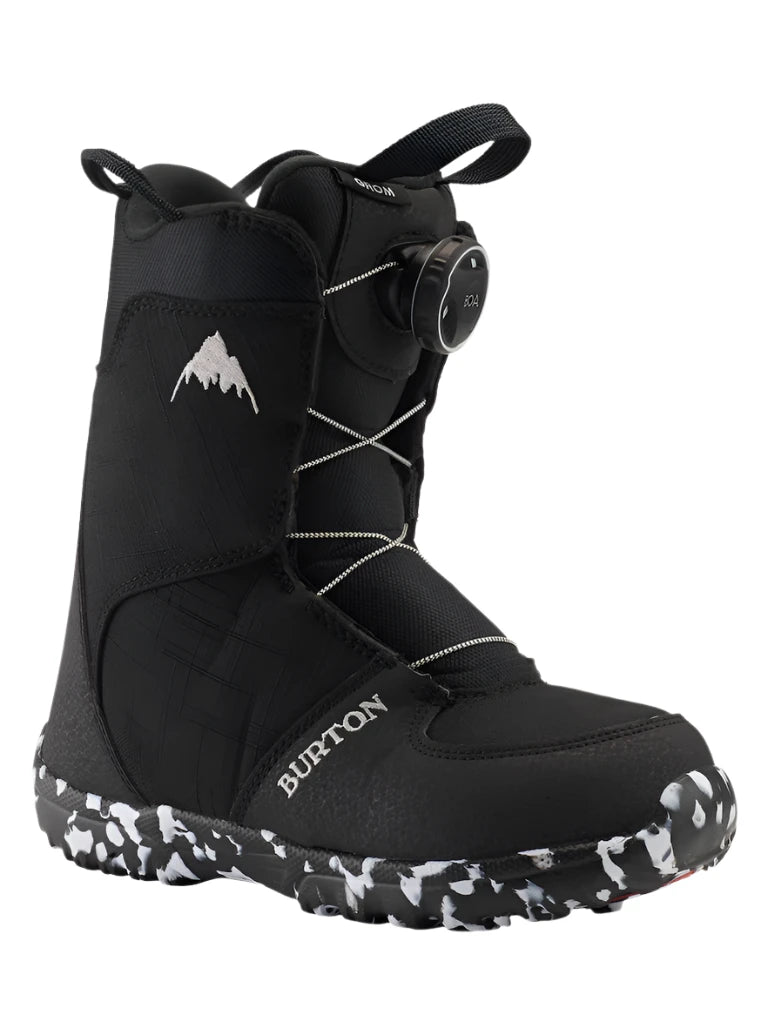 Burton Junior's Grom Boa Snowboard Boot 2025 - Black snowboard boots with white logo on side and black laces.