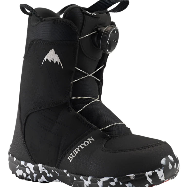 Burton Junior's Grom Boa Snowboard Boot 2025 - Black snowboard boots with white logo on side and black laces.
