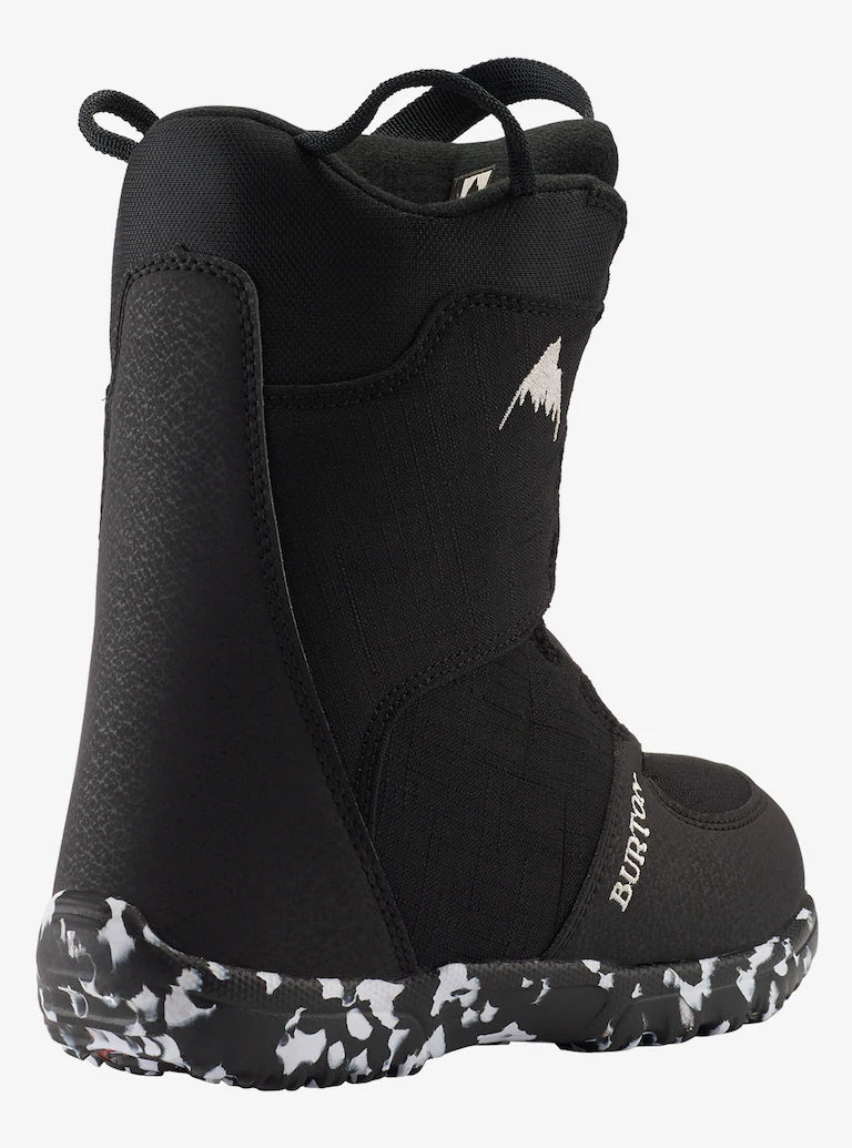 Burton Junior's Grom Boa Snowboard Boot 2025 - Black snowboard boots with white logo on side and black laces.