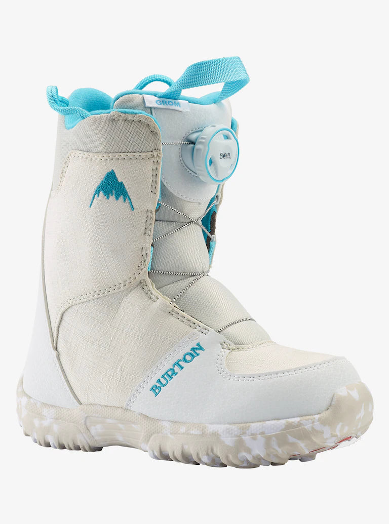 Burton Junior's Grom Boa Snowboard Boot 2025 - A white snowboard boot with a blue logo on the side and a round white dial on the top.