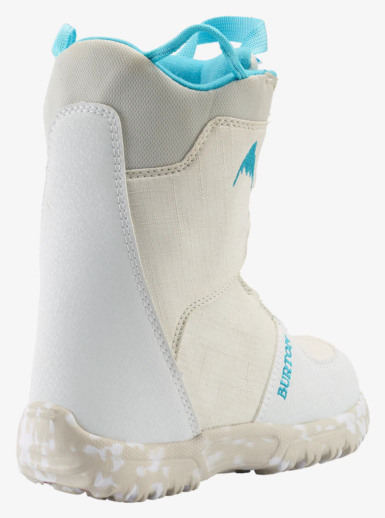 Burton Junior's Grom Boa Snowboard Boot 2025 - A white snowboard boot with a blue logo on the side and a blue strap at the top.