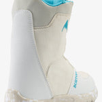 Burton Junior's Grom Boa Snowboard Boot 2025 - A white snowboard boot with a blue logo on the side and a blue strap at the top.