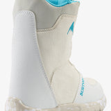 Burton Junior's Grom Boa Snowboard Boot 2025 - A white snowboard boot with a blue logo on the side and a blue strap at the top.