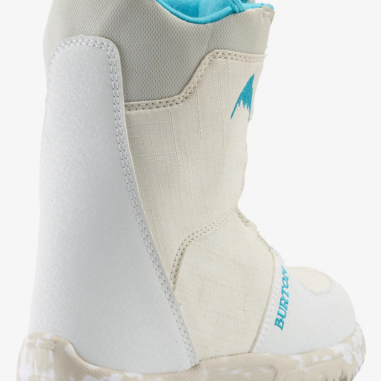 Burton Junior's Grom Boa Snowboard Boot 2025 - A white snowboard boot with a blue logo on the side and a blue strap at the top.