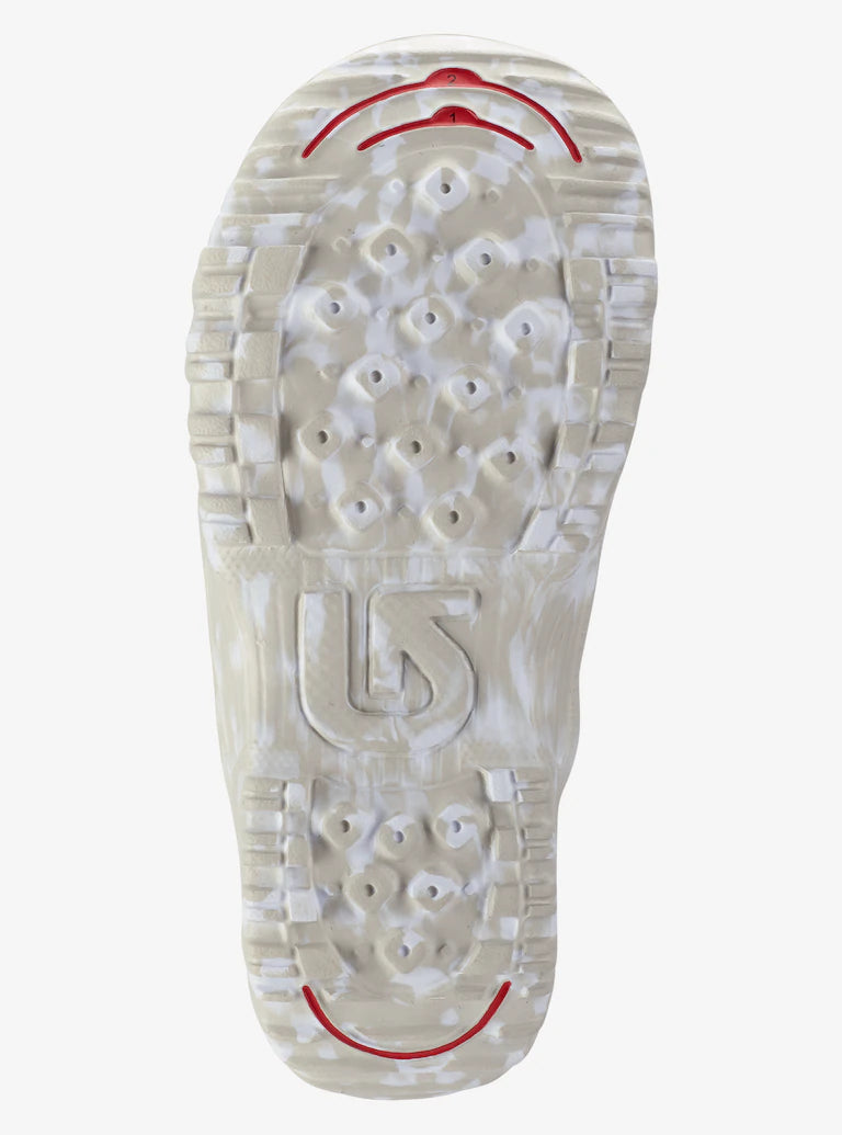 Burton Junior's Grom Boa Snowboard Boot 2025 - A white snowboard boot with a red logo on the side and a black strap.