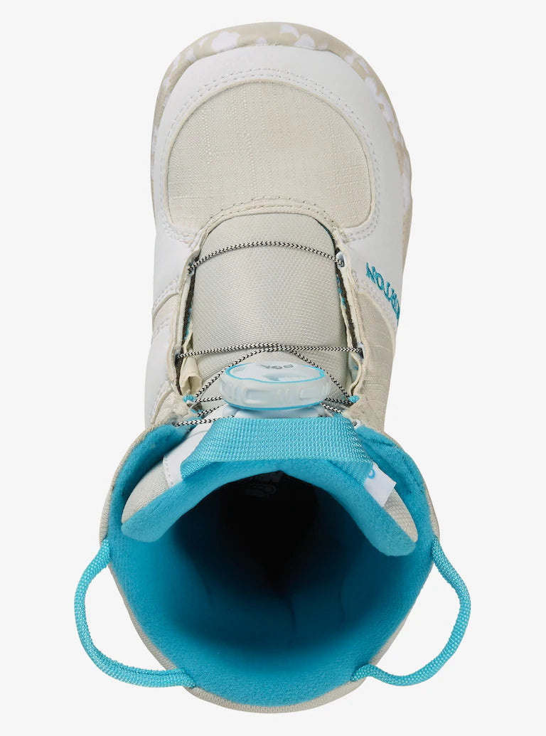 Burton Junior's Grom Boa Snowboard Boot 2025 - White snowboard boot with a blue logo on the side and a white strap with a blue buckle.
