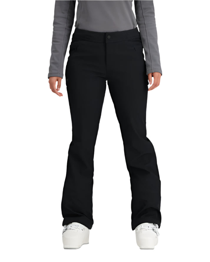 Obermeyer Women's Hillary Stretch Pant 2025 - Black snow pants with a slight flare at the bottom and two zippered pockets on the side.