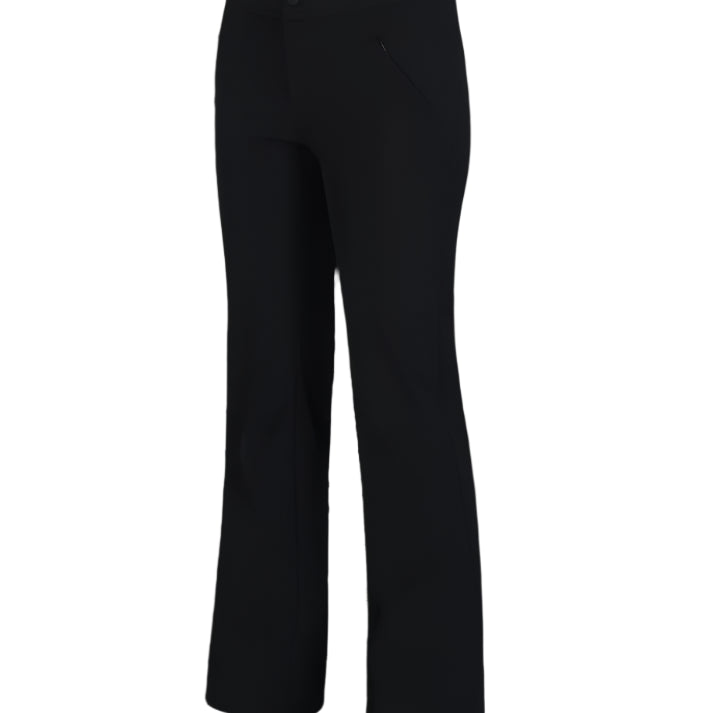 Obermeyer Women's Hillary Stretch Pant 2025 - Black pants with a slight flare at the bottom and a small button on the waistband.