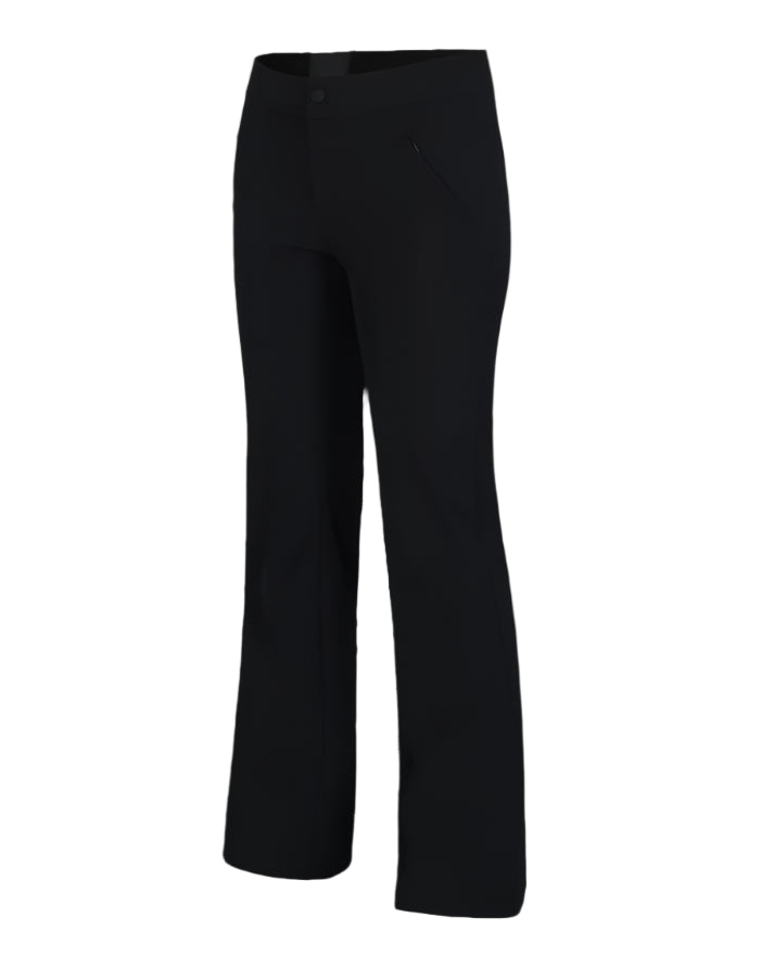 Obermeyer Women's Hillary Stretch Pant 2025 - Black pants with a slight flare at the bottom and a small button on the waistband.